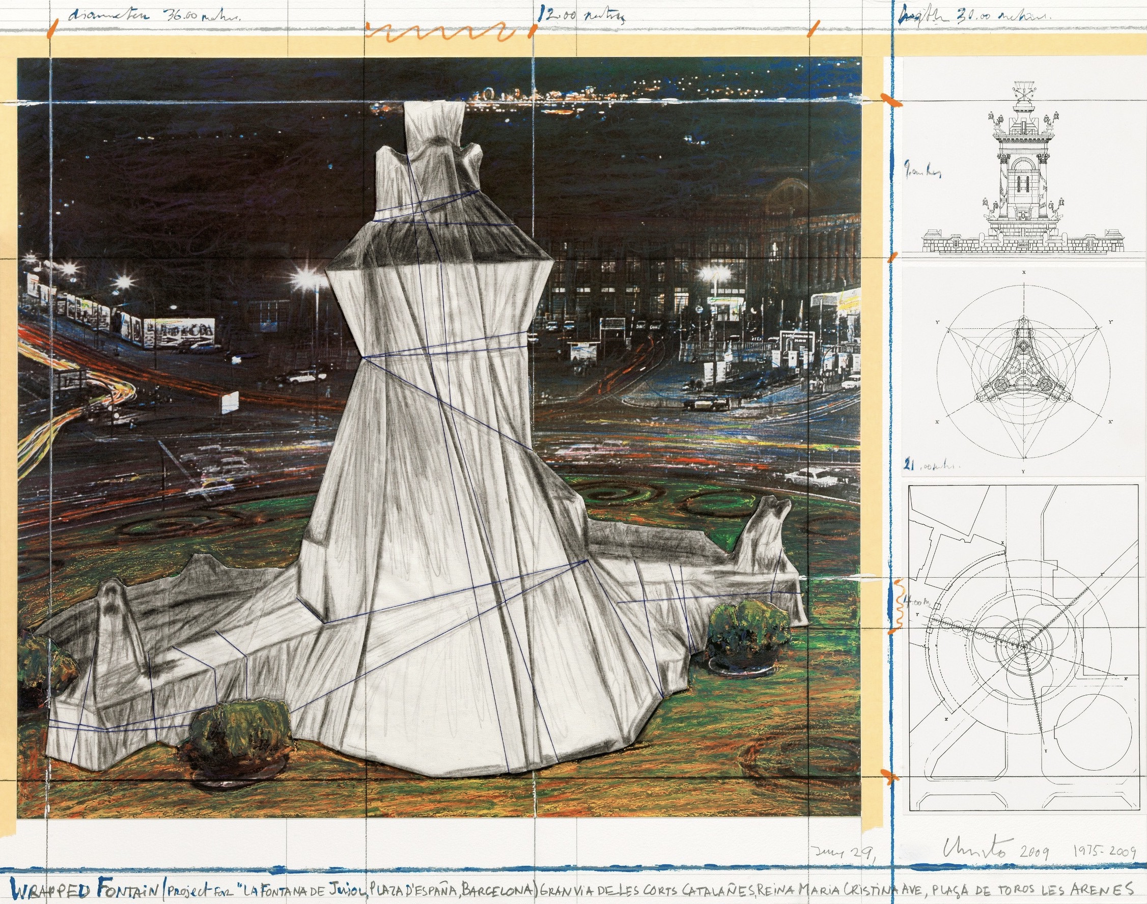 Javacheff Christo – Wrapped Fountain, 2009 – Lithograph-collage (Architectural Drawings by Pere Casajoana Architect)