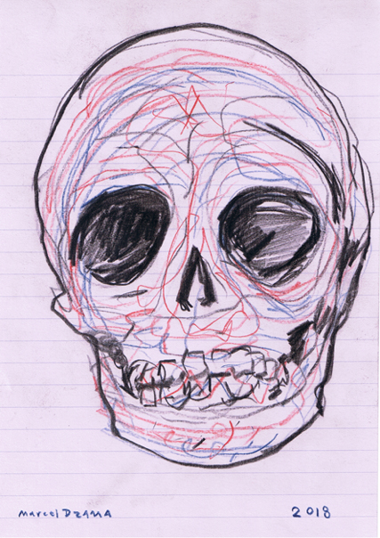 Marcel Dzama – A Blind Man’s Scrap Book (Skull), 2018 – Coloured pencil