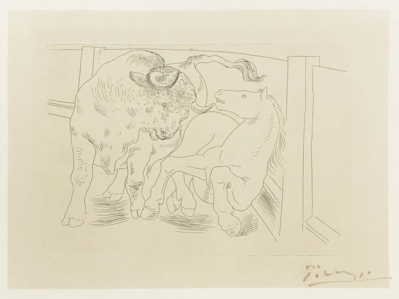 Pablo Picasso – Bull and Horse (plate III) in the Arena from Le Chef-d'œuvre inconnu, 1927 – Radierung