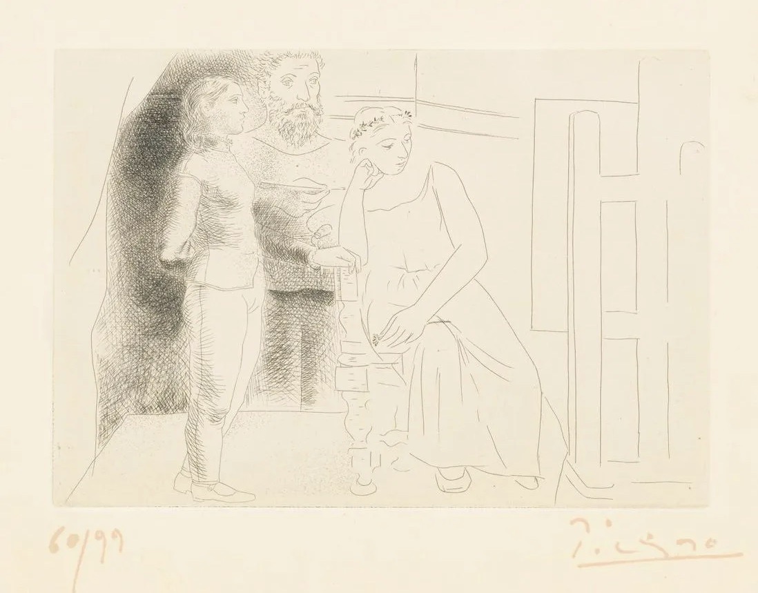 Pablo Picasso – Peintre Avec Deux Modeles Regardant une Toile, 1927 – Etching