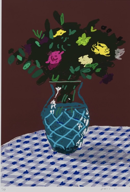 David Hockney – 21st March 2021, Purple and Yellow Flowers in a Vase, 2021 – Mixed Media