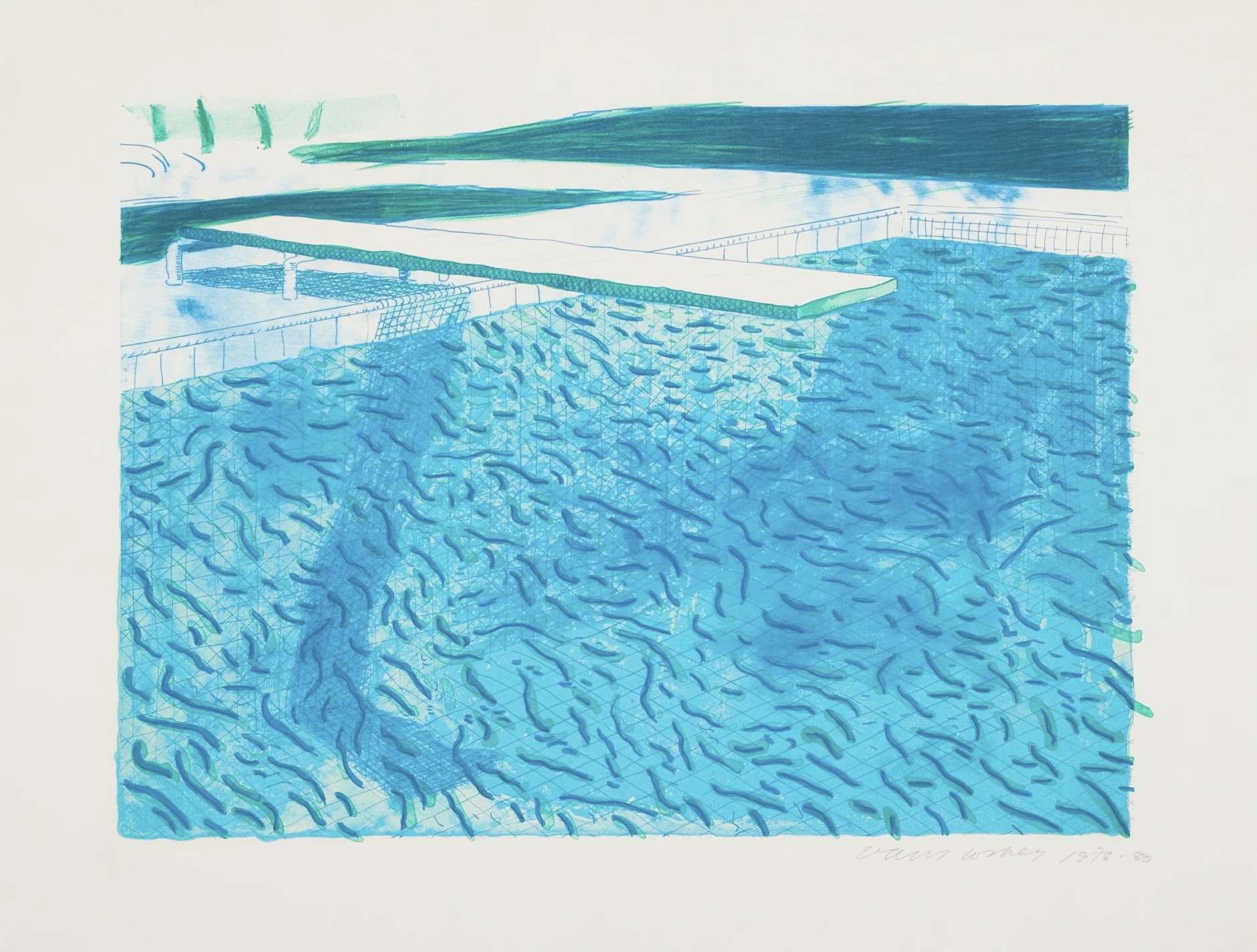 David Hockney – Lithograph of Water Made of Thick and Thin Lines and Two Light Blue Washes, 1978-80 – Lithographie