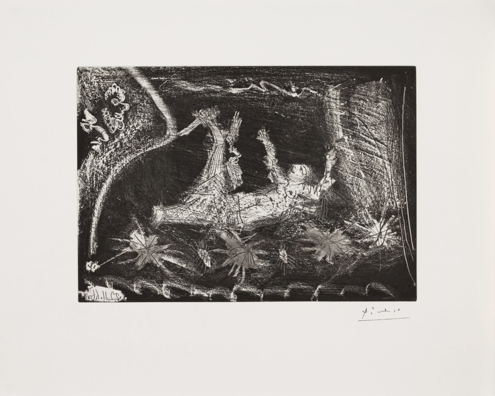 Pablo Picasso – Sur la scène: viellard barbu s'apprêtant à poignarder une femme dans son lit, 1966 – Grabado Aguatinta