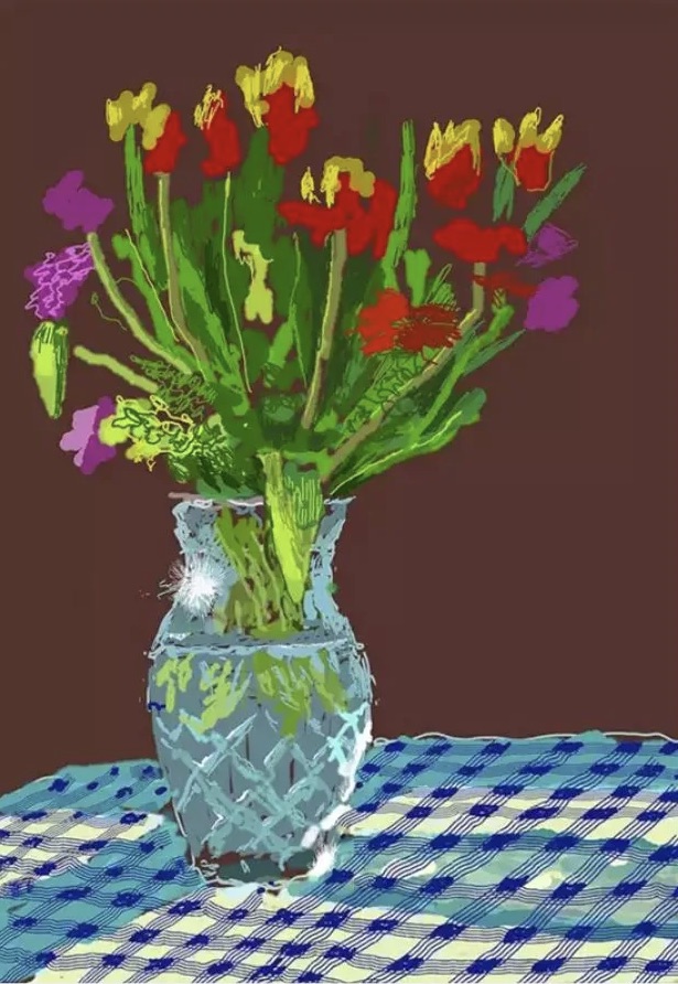 David Hockney – 24th February 2021, Red, Yellow and Purple Flowers on a Blue Tablecloth, 2021 – Impression numérique sur papier