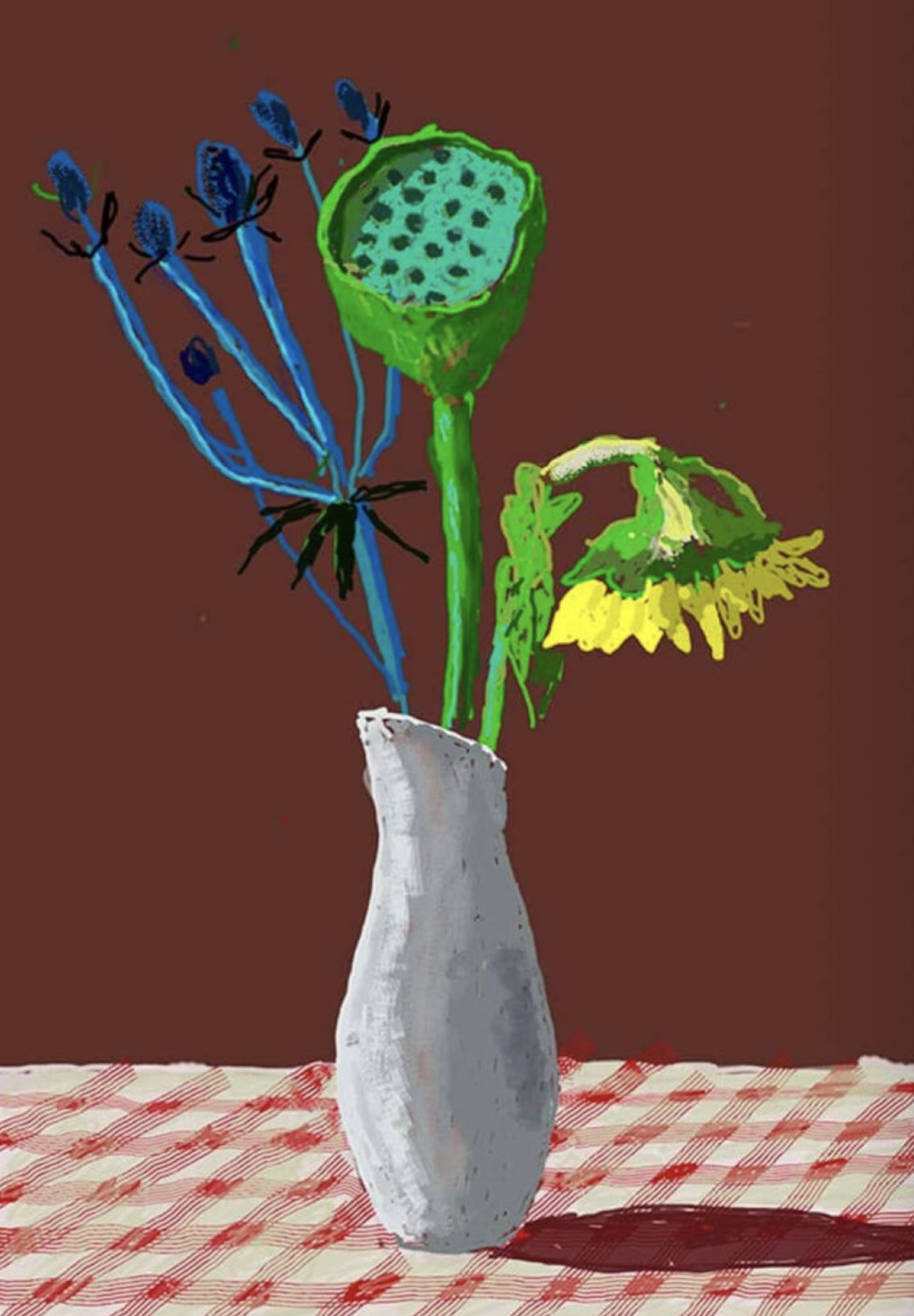 David Hockney – 19th March 2021, Sunflower with Exotic Flower, 2021 – Digitale print op doek