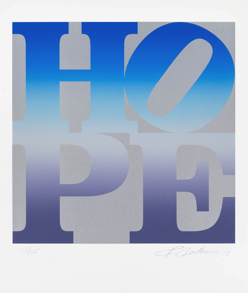 Robert Indiana 'Four Seasons of Hope: Winter (Silver)' Screen-print. Bold HOPE letters in silver on blue-to-violet gradient.