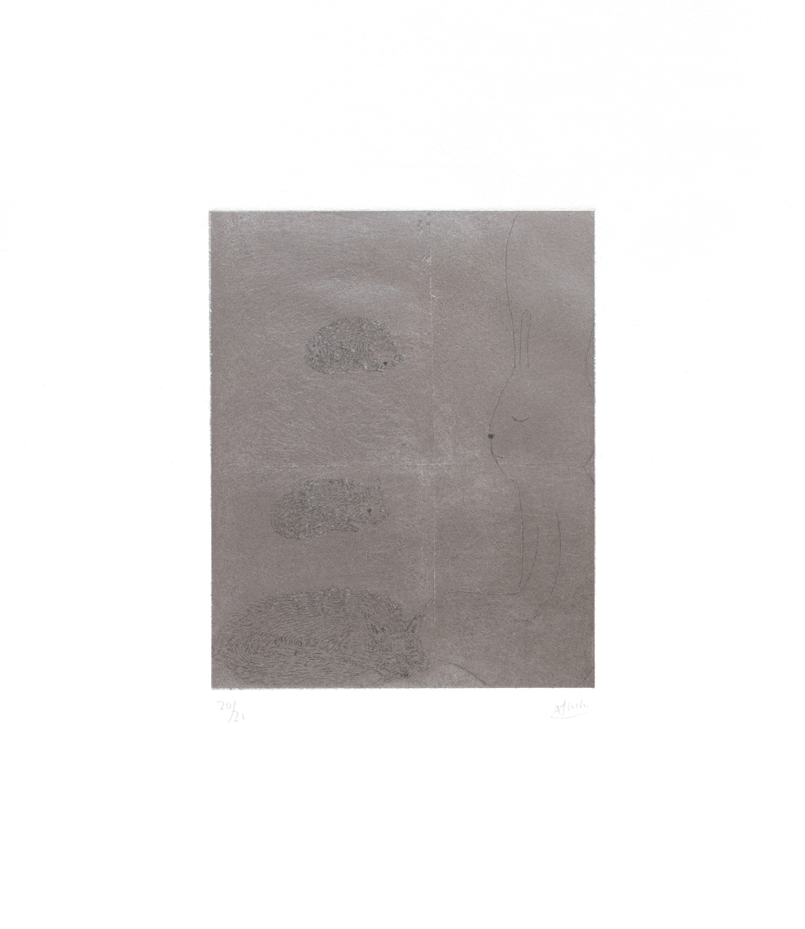 Atsushi Kaga – Four sleepers with cats and fox, 2026 – Etching