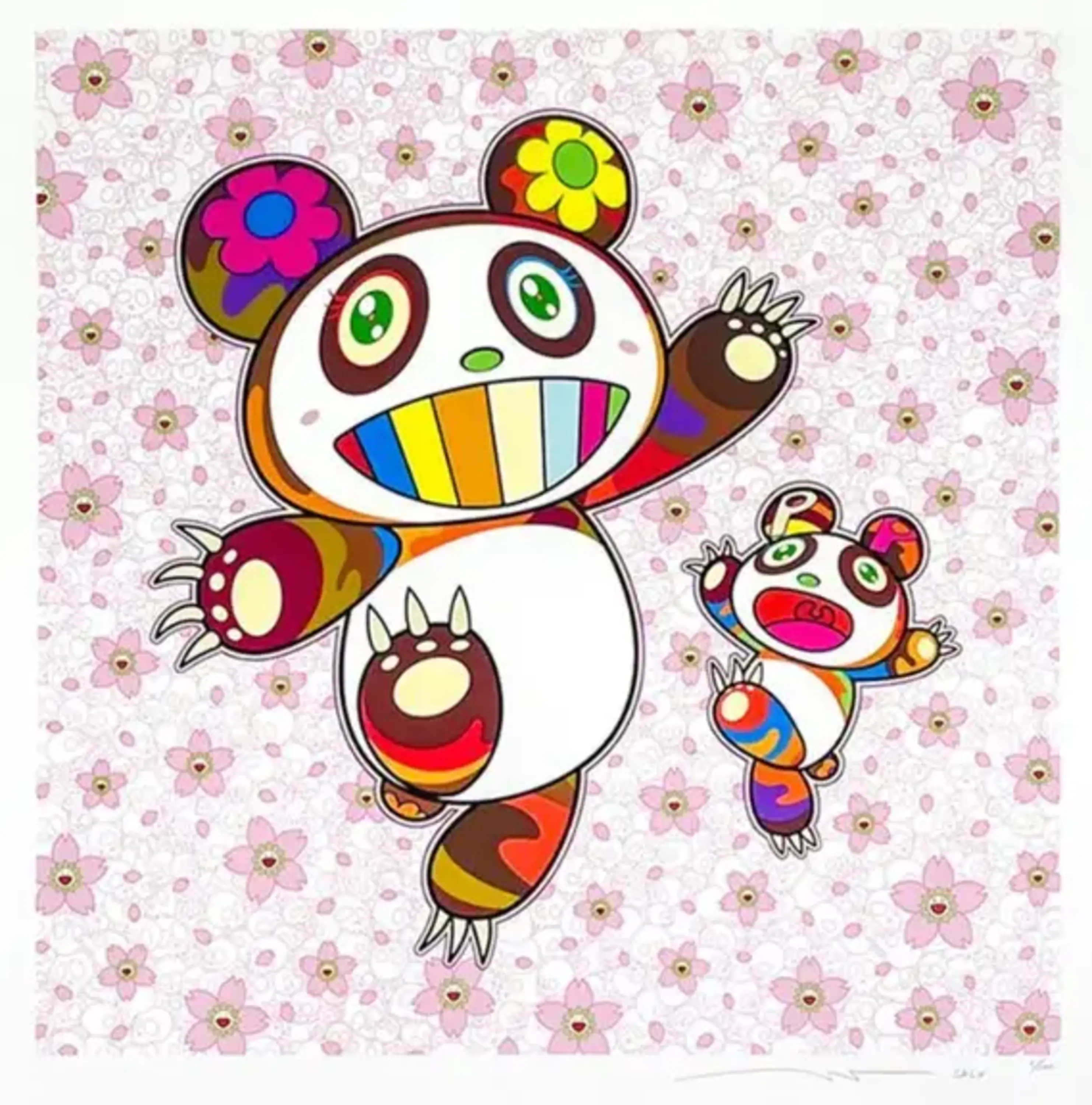 Takashi Murakami – Panda Mother and Baby in a Flurry of Cherry Blossom Petals, 2024 – Siebdruck
