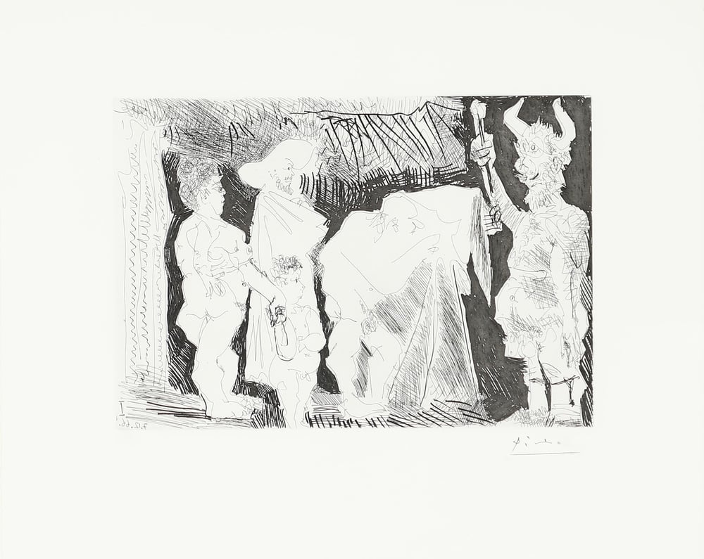 Picasso, Pablo | Le Cocu Posant pour une photographie devant des spectateurs, 1966 — available on Composition Gallery