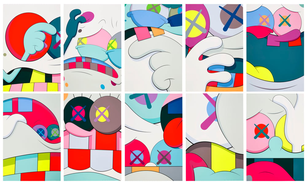 KAWS 'Blame Game' Screen-print. Ten panels of cropped cartoon figures with X eyes in bold flat colours. KAWS 'Blame Game' Screen-print. Ten panels of cropped cartoon figures with X eyes in bold flat colours.