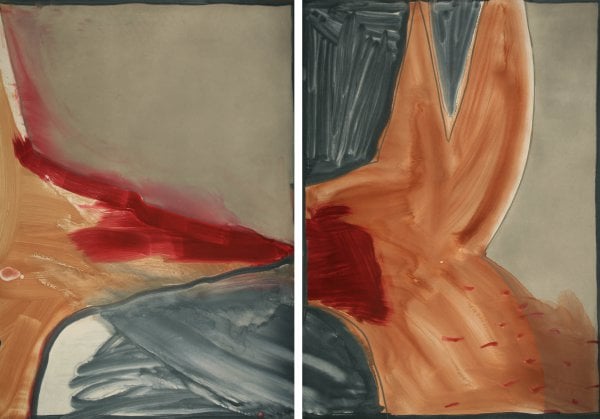 Wilding, Alison | Dogs (diptych in Rust and Crimson), 2005 — available on Composition Gallery