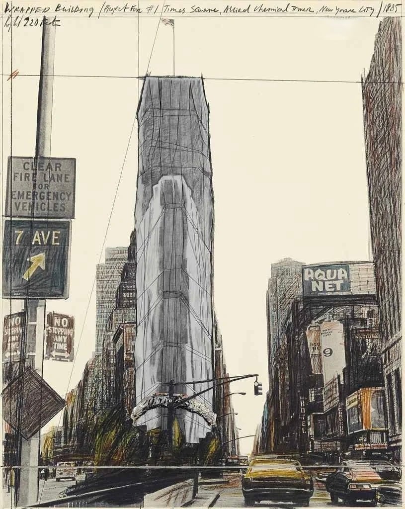 Christo, Javacheff | Wrapped building, project for 1 Times Square, New York, 1985 — available on Composition Gallery