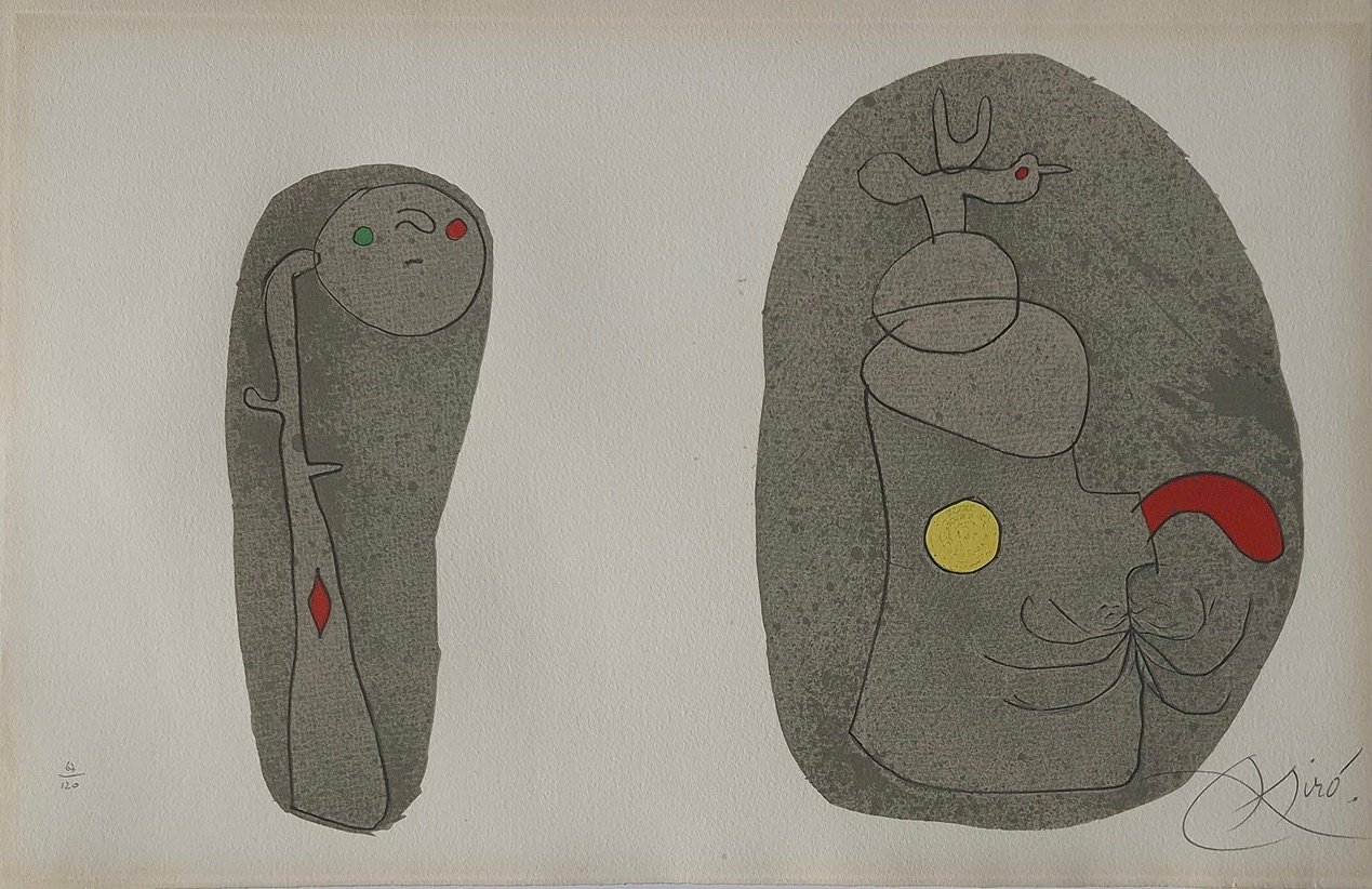 Joan Miró 'Pl.11 from L'enfance d'Ubu' Lithograph. Two grey biomorphic figures with red and yellow accents.