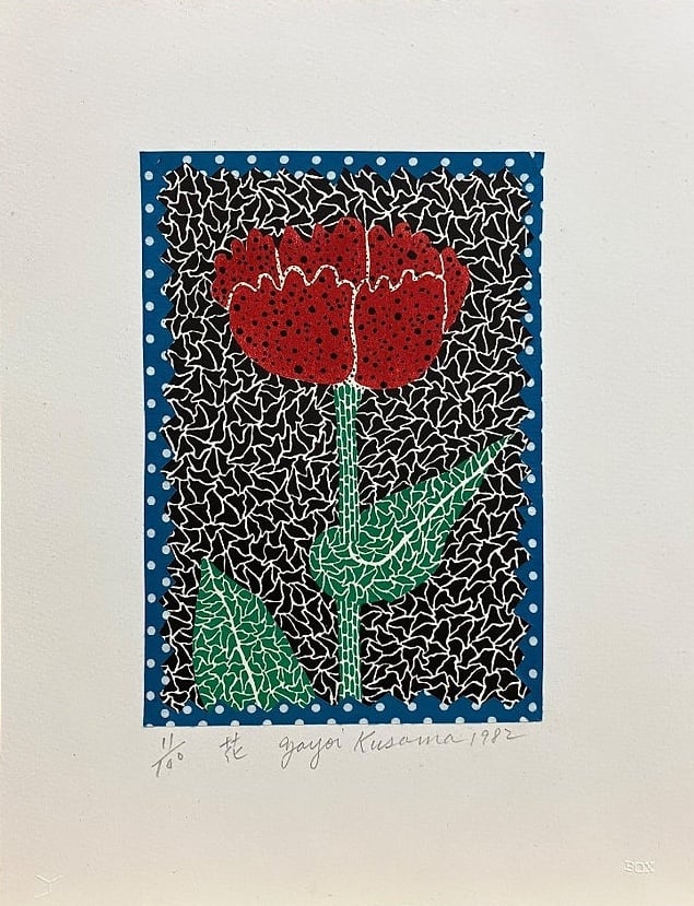 Yayoi Kusama 'Flower' collage. Red tulip on patterned black ground, blue polka-dot border.
