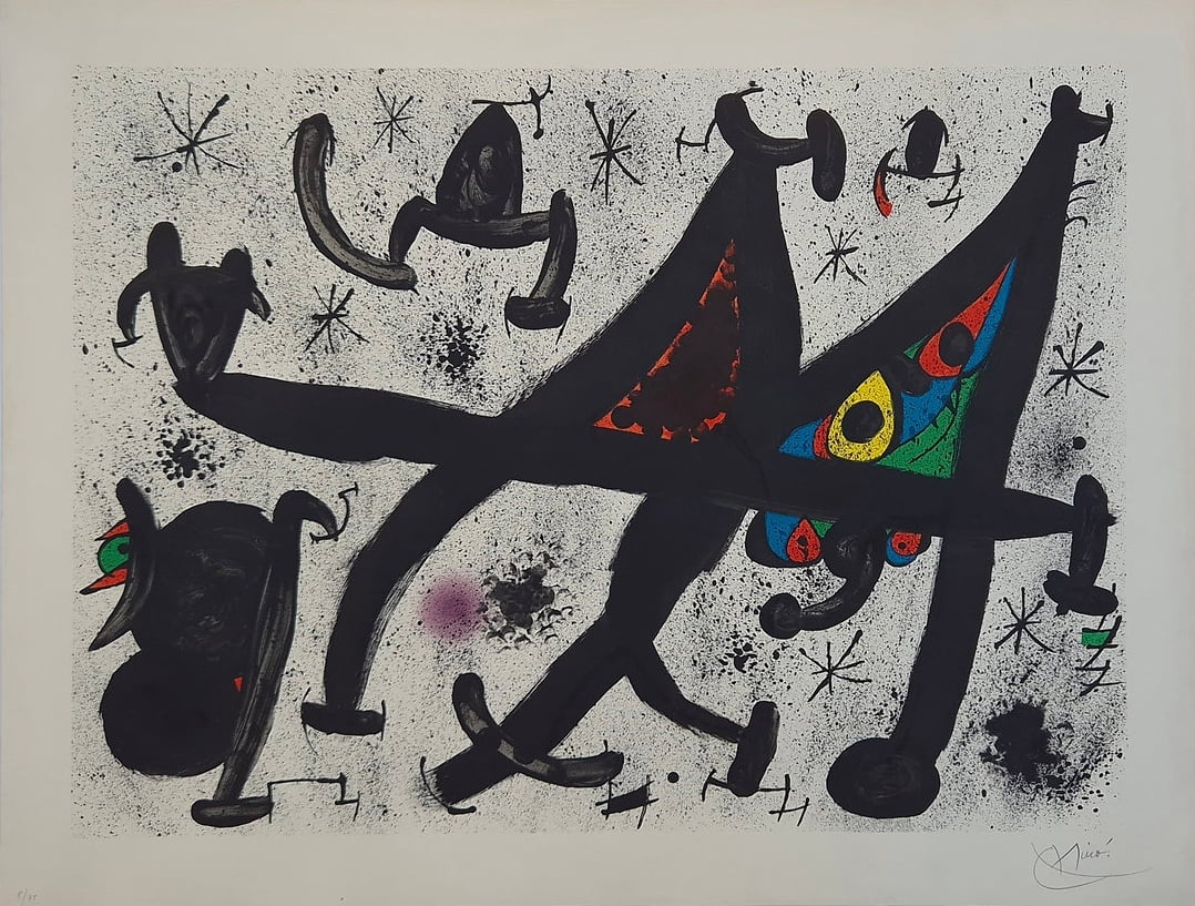Joan Miró 'Homenatge a Joan Prats 11' Lithograph. Black biomorphic figures and star bursts, coloured triangles.