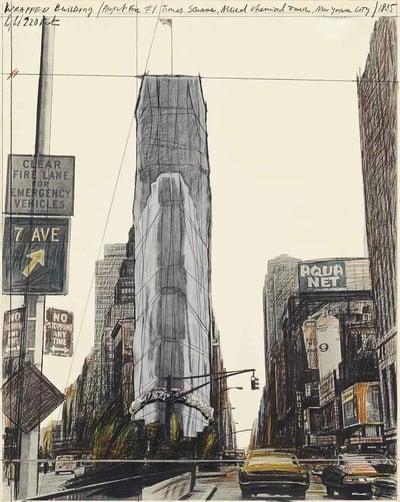 Javacheff Christo – Wrapped building, project for 1 Times Square, New York, 1985 – Mischtechnik