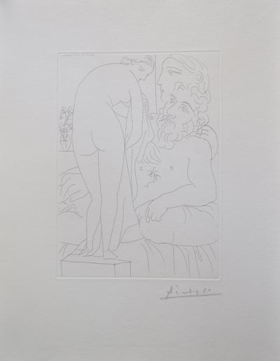 Pablo Picasso – Le repos du sculpteur devant un nu à la draperie, pl. 51 (B160 Vollard), 1933-1939 – Etching