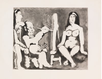 Pablo Picasso – Peintre et Modèle avec une Spectatrice au Bandeau, 1963 – Etching and Aquatint