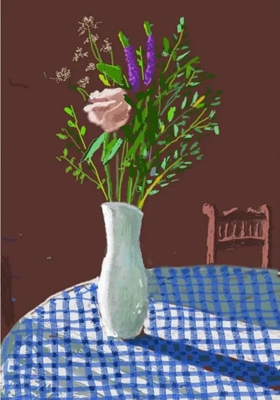 David Hockney – 4th February 2021, Flowers in a White Vase with Chair, 2021 – Mischtechnik