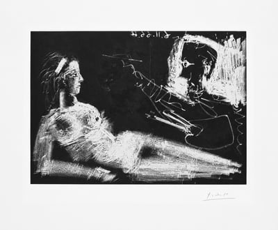 Pablo Picasso – Peintre et modèle au bandeau, 1966 – Etching and Aquatint