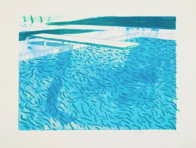 Lithograph Of Water Made Of Thick And Thin Lines And Two Light Blue Washes