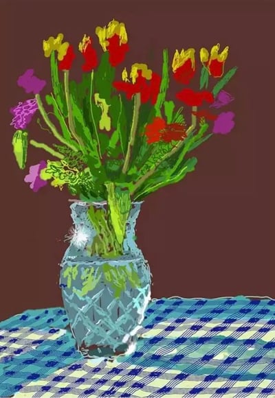 24th February 2021, Red, Yellow And Purple Flowers On A Blue Tablecloth