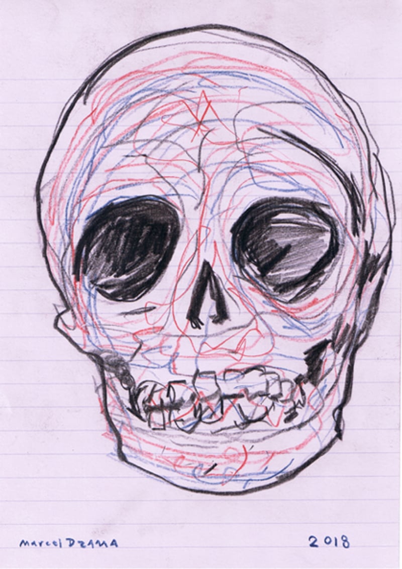 Marcel Dzama – A Blind Man’s Scrap Book (Skull), 2018 – Coloured pencil Marcel Dzama – A Blind Man’s Scrap Book (Skull), 2018 – Coloured pencil