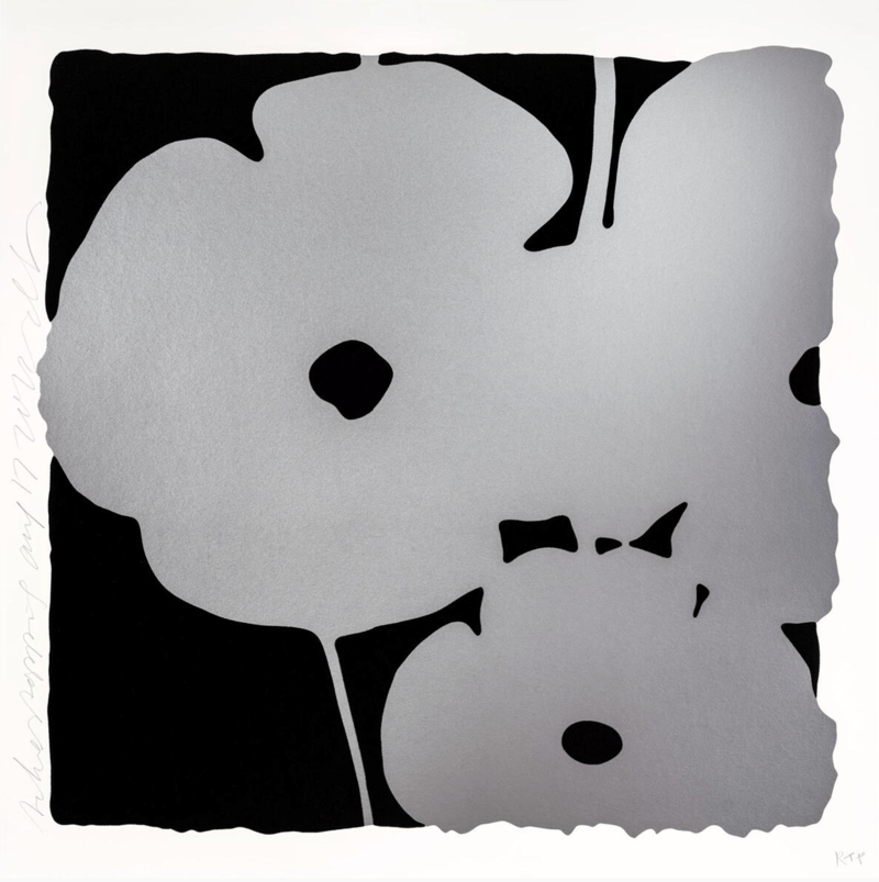 Donald Sultan – Silver Poppies, Sept 7, 2022 (against black), 2022 – Zeefdruk