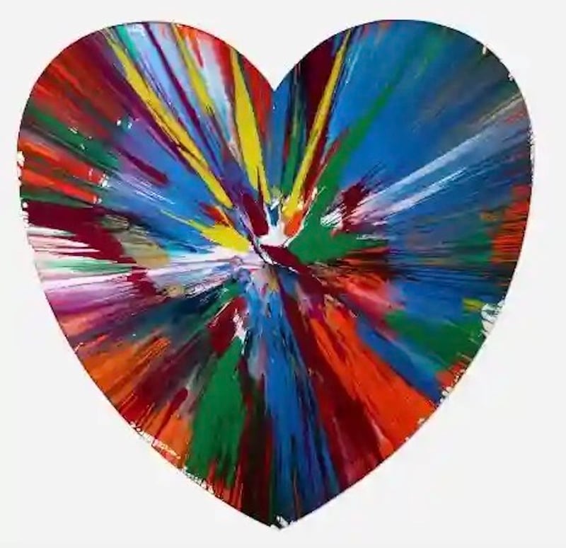 Damien Hirst – Heart Spin Painting (Blue, red, yellow), 2009 – Acrylique sur papier Damien Hirst – Heart Spin Painting (Blue, red, yellow), 2009 – Acrylique sur papier