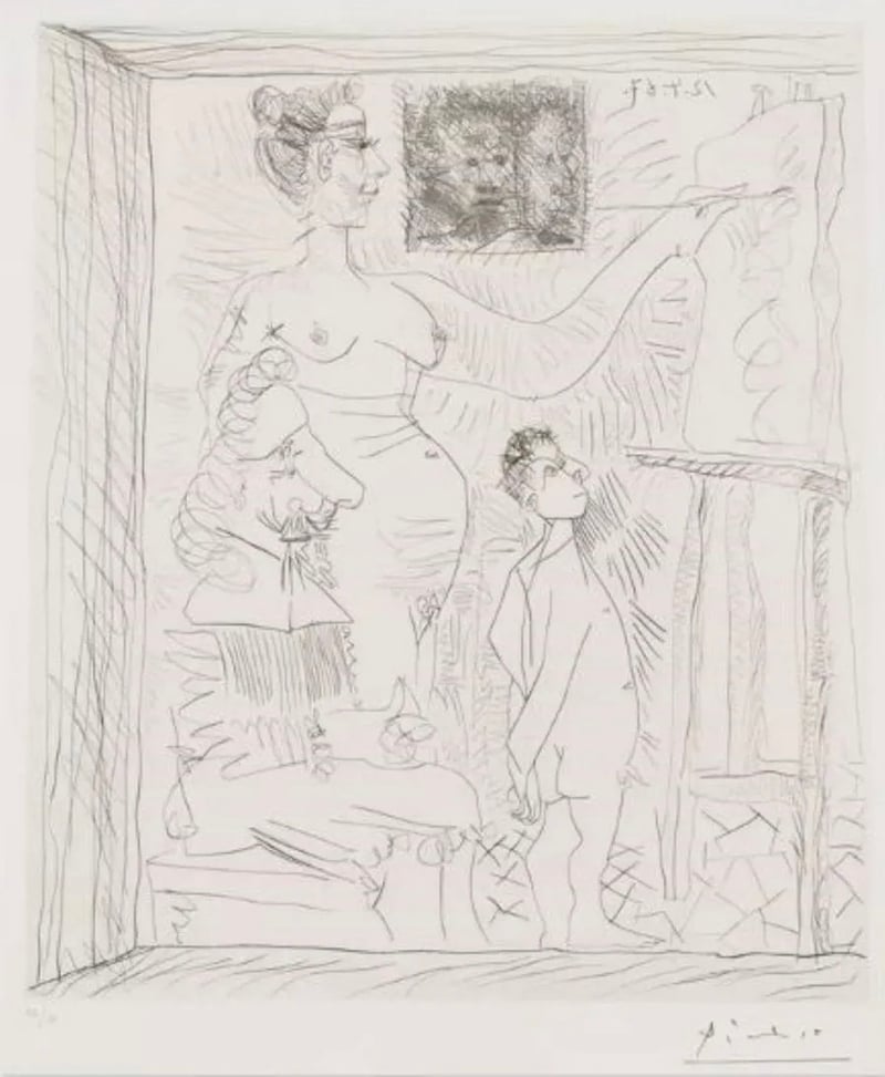 Pablo Picasso – L Inspiration Travaille Et Le Peintre Se Tourne Les Pouches, 1951 – Gemengde techniek. Pablo Picasso – L Inspiration Travaille Et Le Peintre Se Tourne Les Pouches, 1951 – Gemengde techniek.