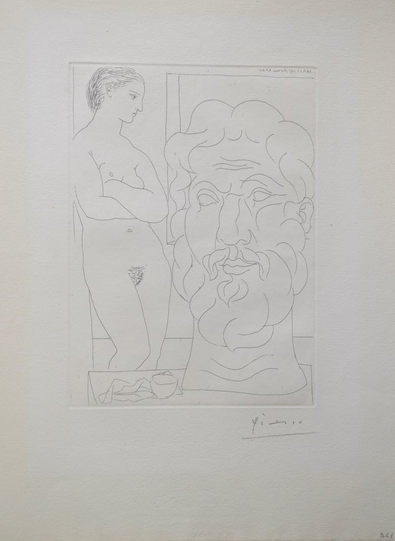 Pablo Picasso – Modèle et Grande Tête Sculptée (B170 Vollard), 1933 – Aguafuerte