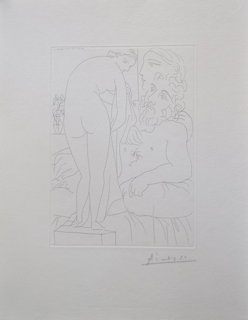 Pablo Picasso – Le repos du sculpteur devant un nu à la draperie, pl. 51 (B160 Vollard), 1933-1939 – Radierung
