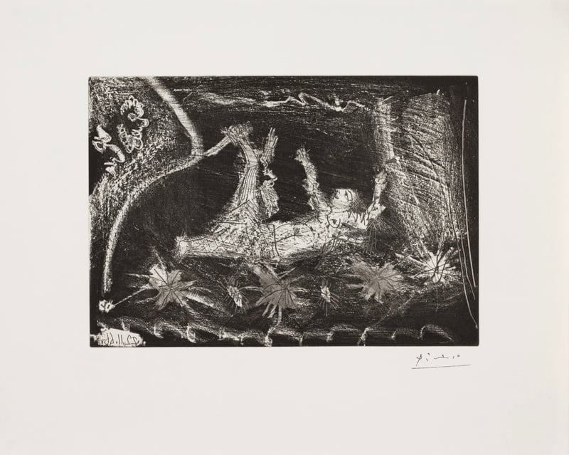 Pablo Picasso – Sur la scène: viellard barbu s'apprêtant à poignarder une femme dans son lit, 1966 – Grabado Aguatinta Pablo Picasso – Sur la scène: viellard barbu s'apprêtant à poignarder une femme dans son lit, 1966 – Grabado Aguatinta
