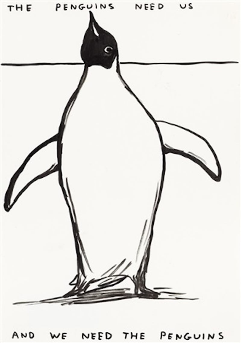 David Shrigley – The Penguins need us, 2021 – Gemengde techniek.