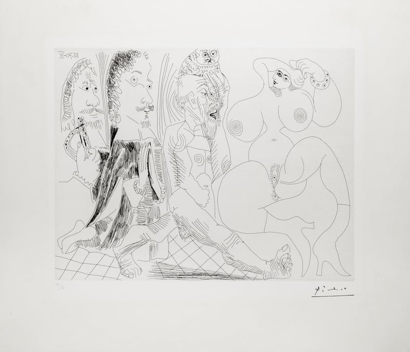 Pablo Picasso – Mousquetaire, Abbé en Priére, Vieillard a la Chouette Et Odalisque: Méduse, Vierge ou Smple Femme?, 1970 – Radierung