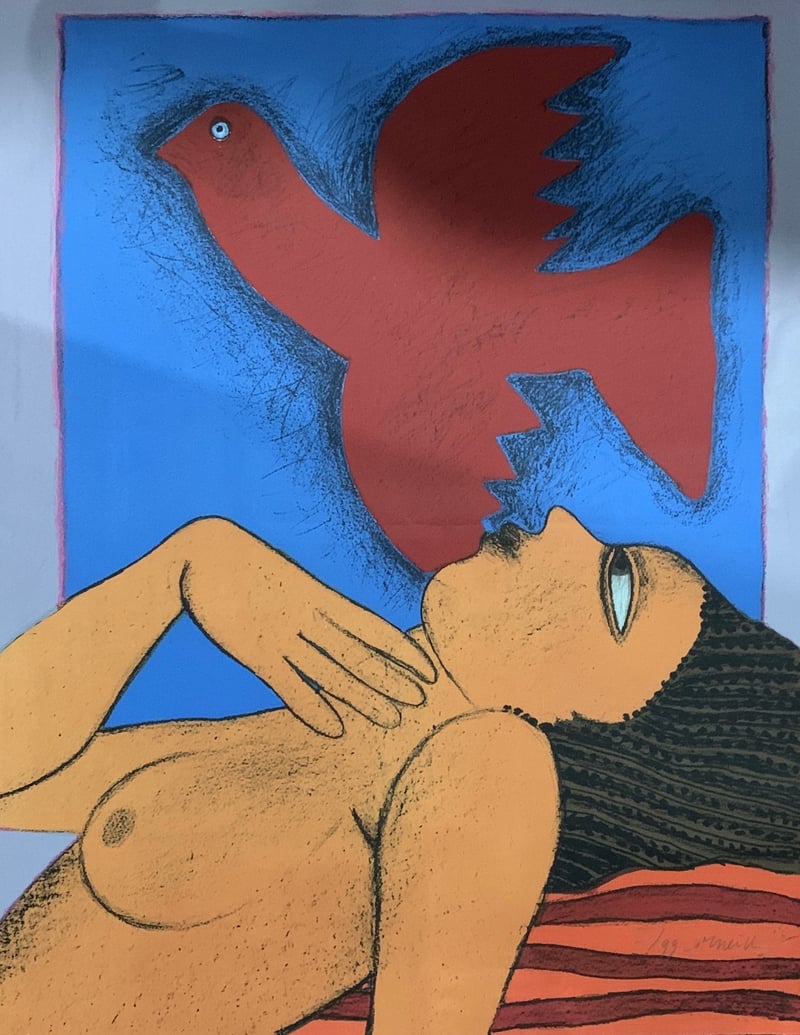 Corneille, Guillaume | La femme et l’oiseau rouge, 1995 — available on Composition Gallery