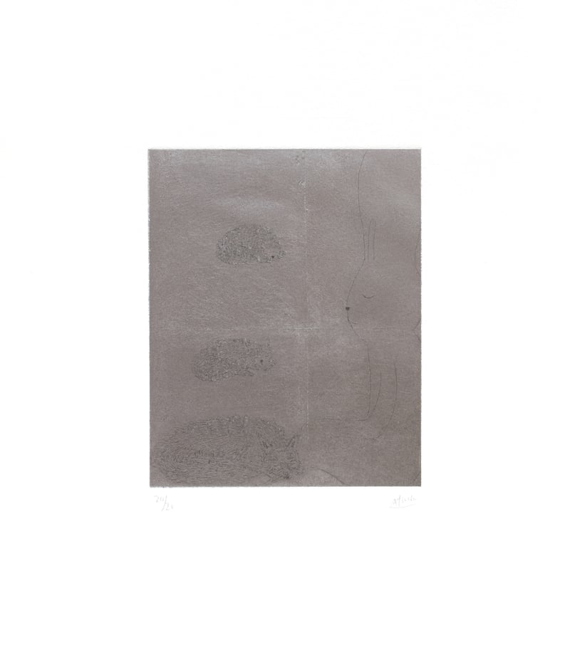 Atsushi Kaga – Four sleepers with cats and fox, 2026 – Etching